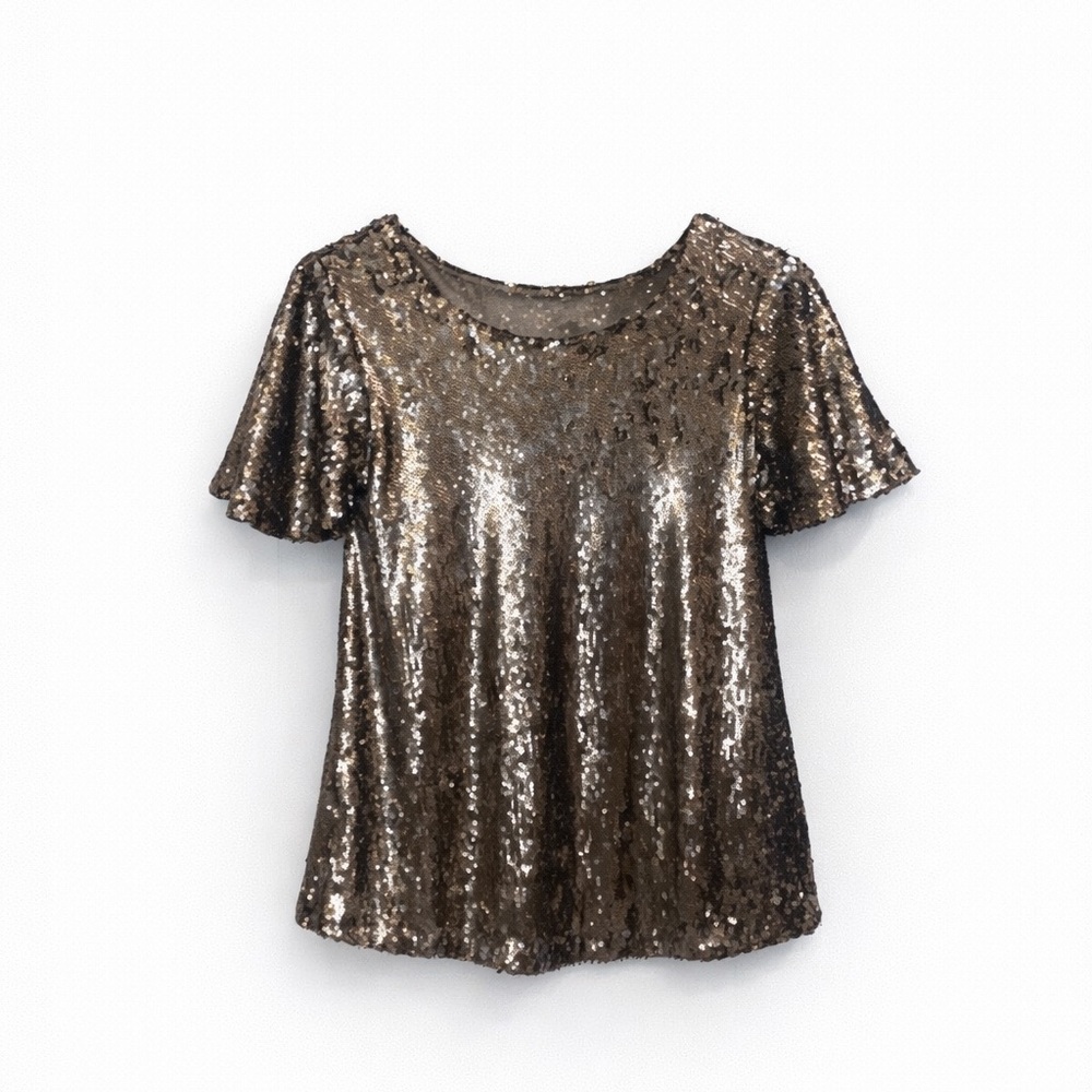 Altar’d State Silver Sequin Flutter Sleeve Top | Small
